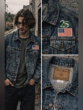 Three Rivers Denim Jacket Blue‎ L USA Made 25 Years Patch Trucker Vintage Jean